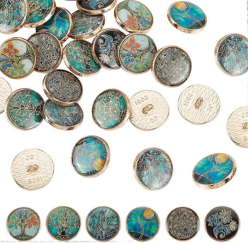 24Pcs 6 Styles Plants Shank Buttons 18mm Alloy Enamel Shank Buttons Tree Theme Metal Blazer Buttons Green Gold Vintage Shank Buttons Round Sewing Shan