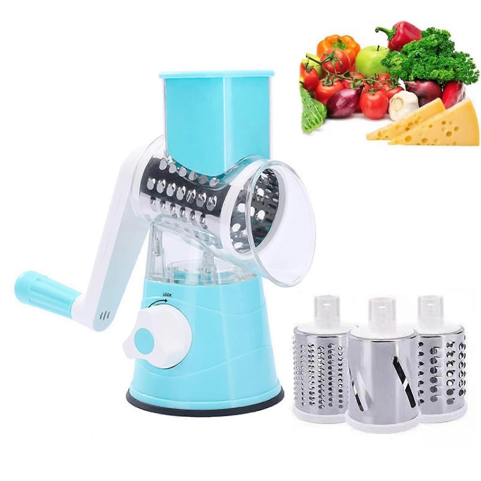 Cheese Grater with Crank, Vegetable Slicer with 3 Interchangeable Drum Blades, Manual Vegetable Cutter for Cucumbers Carrots