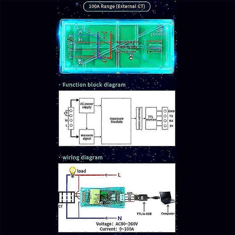 100A PZEM 004T 3.0 Wattmeter with Case+Open CT Kwh Meter Volt Amp Current Test Module for TTL COM2/