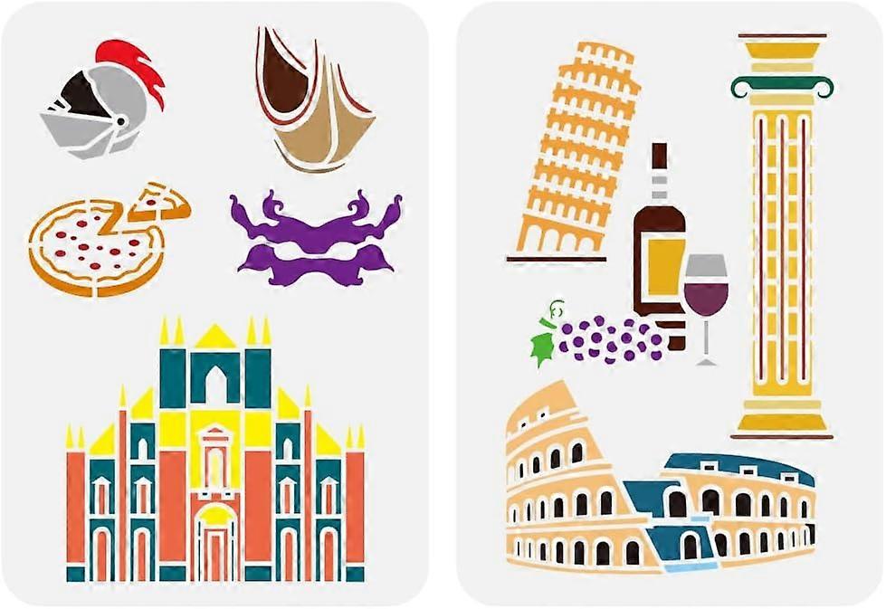 2 Pcs Italian Landmarks Large Stencil 8.3x11.7" Venice Pattern Painting Stencil Roman Colosseum Stencil Leaning Tower of Pisa Stencil Pizza Wine Templ
