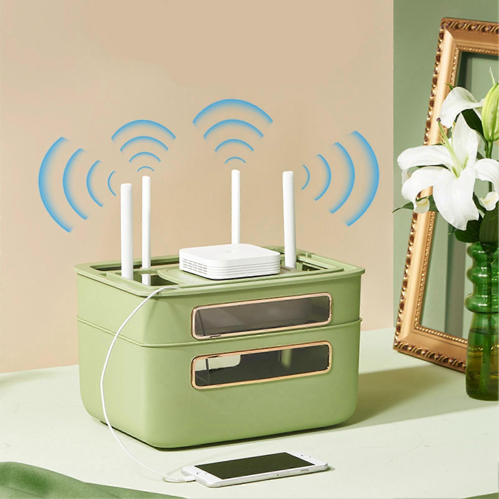 Green 2-Layer Detachable Router Storage Box Cable Management Case Plastic Anti-Drop Multi-Hole Design