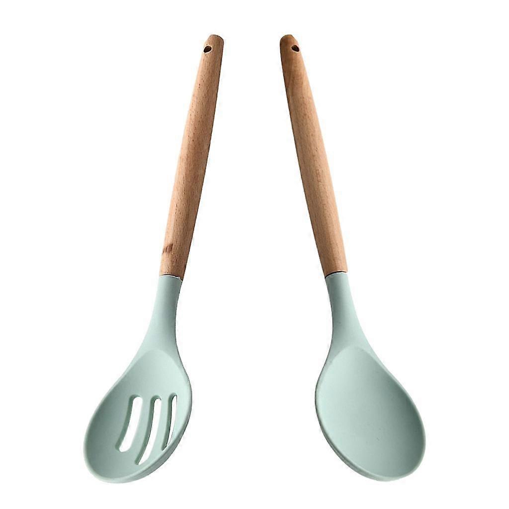 2 Pcs Non Stick Solid Spoon & Colander Spoon Kitchen Utensils in Light Green