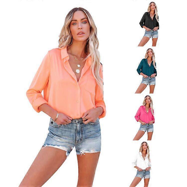 Women's Satin Silk V-neck Long Sleeve Button Shirt