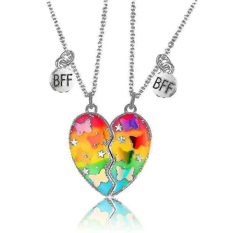 2x/set Best Friends Necklaces With Butterfly Sequin Bff Matching Heart Necklaces
