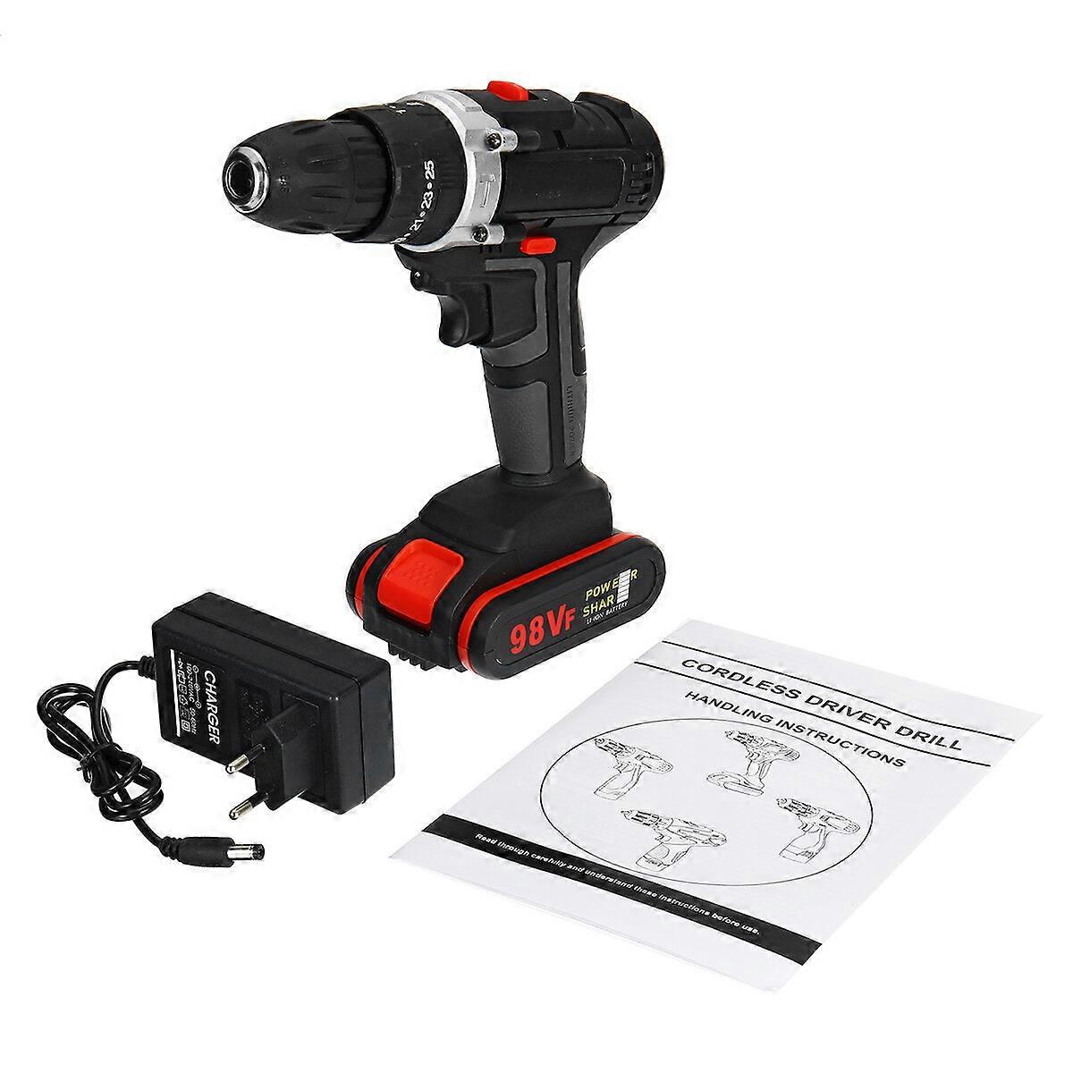 98Vf Rechargeable Electric Cordless Impact Drill Screwdriver 25+1 Torque Led