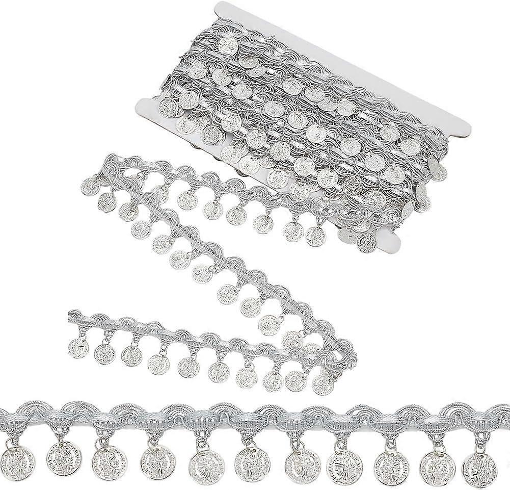 10 Yards Silver Coin Shape Sequin Tassel Trim Sequins Lace Tassel Fringe Trim 1.6 Inch Width Sequins Tassel Lace Ribbon Fringe Dance Dress Belt Chain 