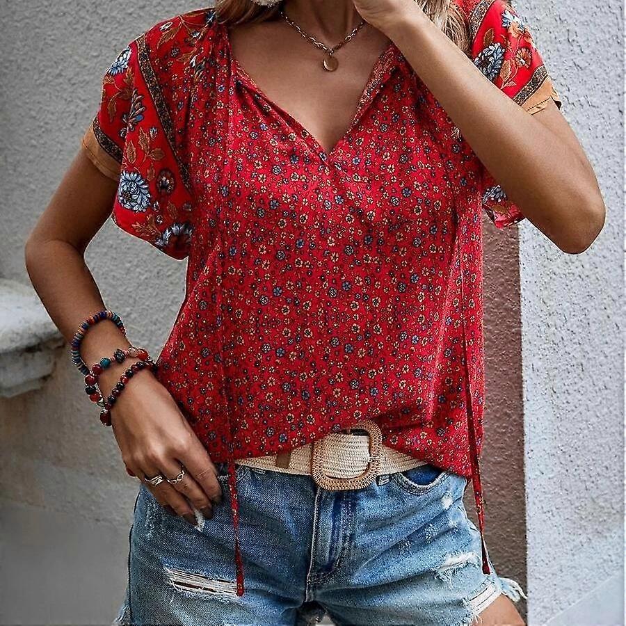 DAFIFY Women's Vintage Bohemia Summer Spring Casual Flower Pattern Print Short Sleeve V Neck Loose Blouses & Shirts