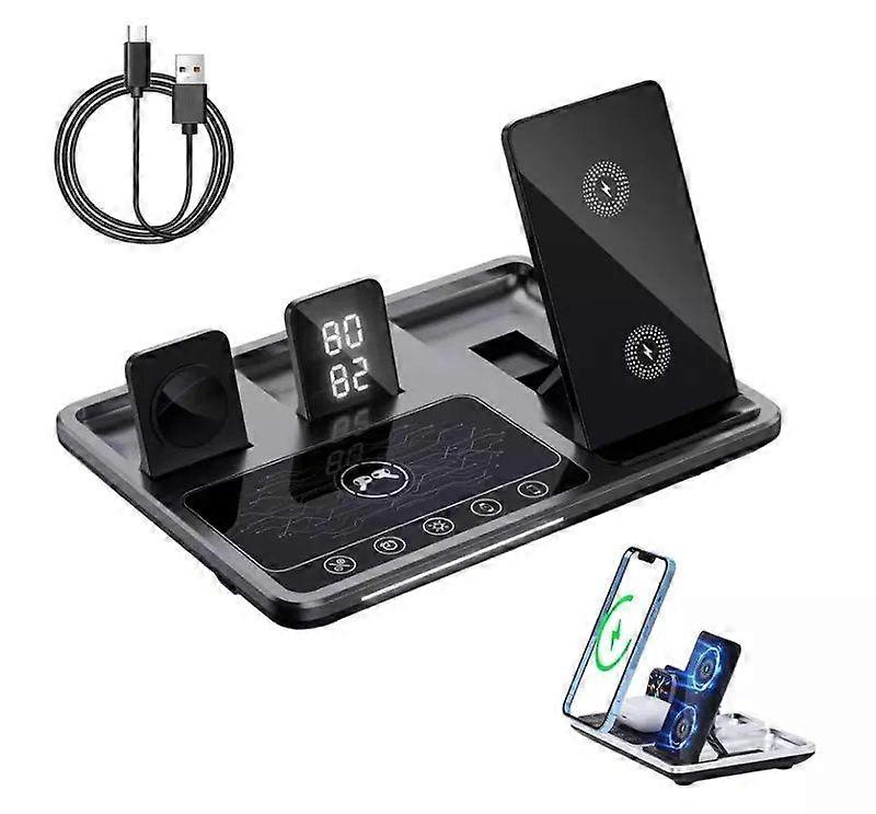 4 in1 Digital Clock Wireless Charger Stand,4 in 1 Foldable Fast Charging Station