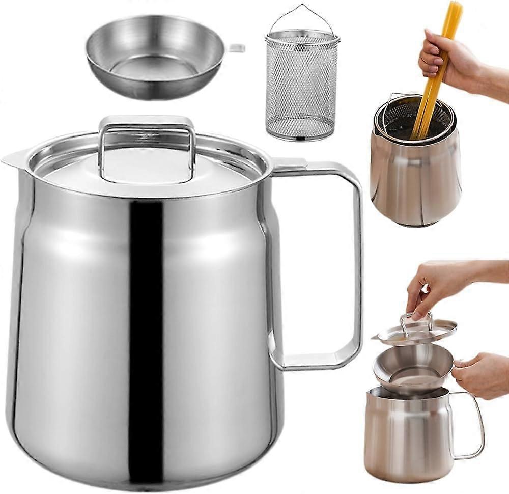 304 stainless steel oil storage can with fine mesh filter leakage net dust cover - 2L (68Oz) grease strainer for kitchen