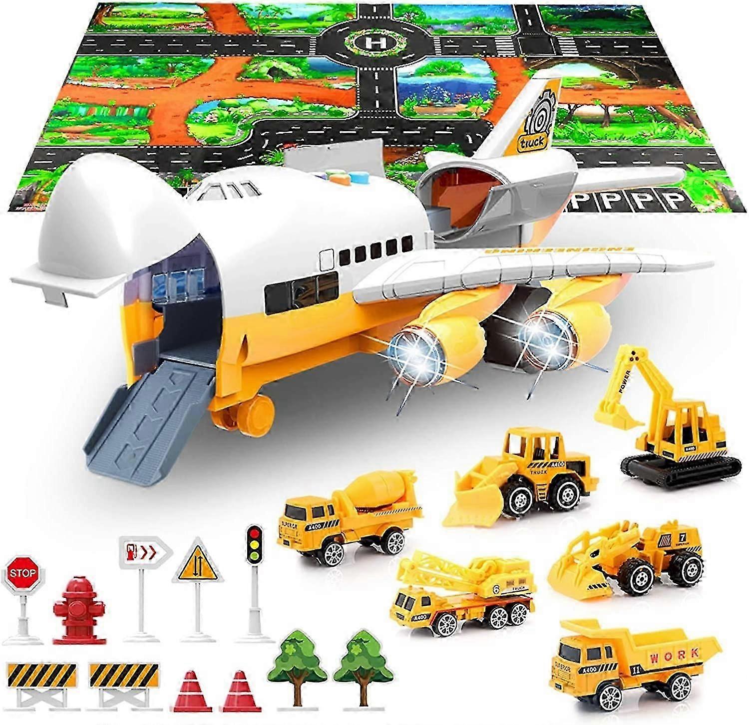 Large Airplane Toy with 6 Construction Trucks Setwithout Play Mat