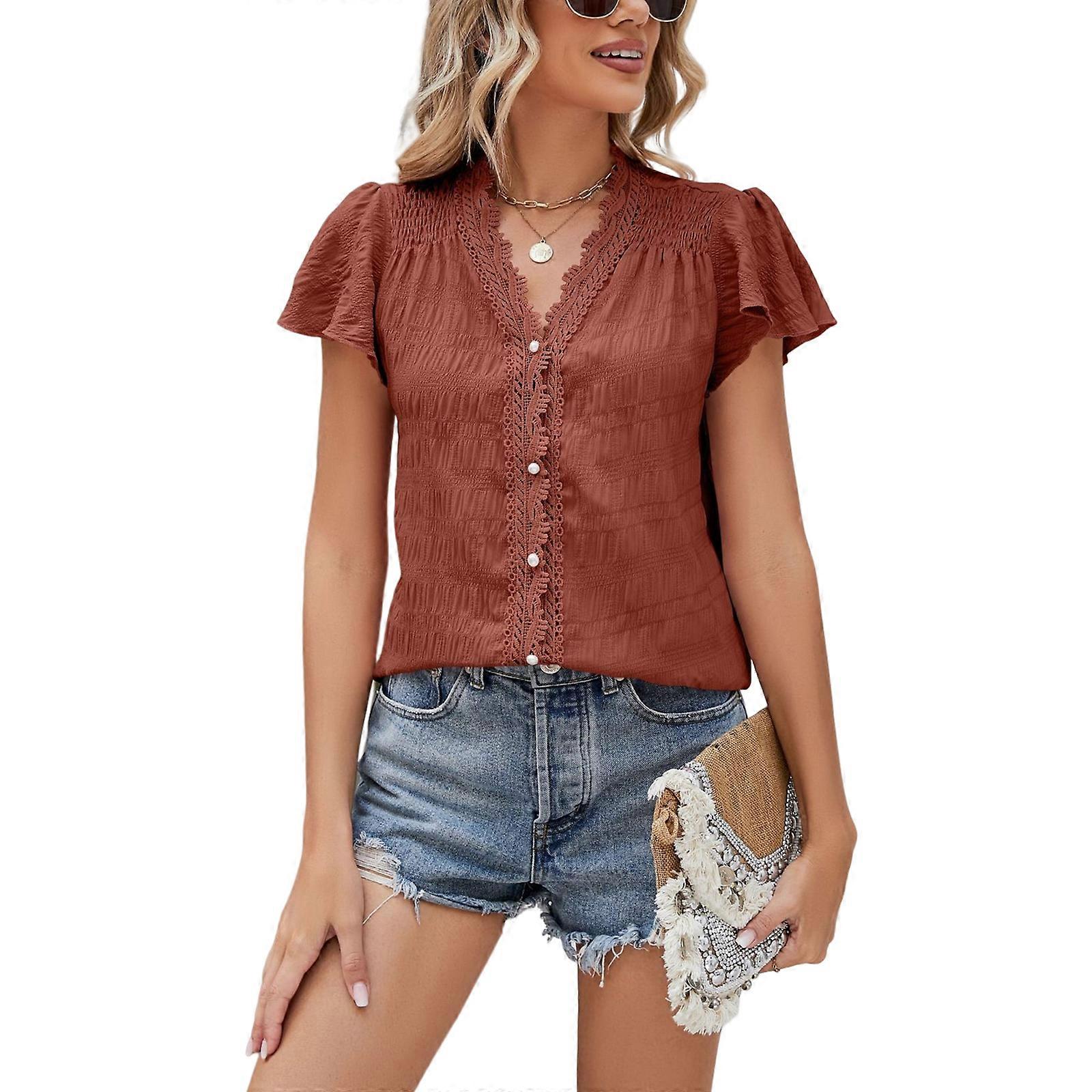 Donne Estate Flutter Manica corta Uncinetto Pizzo Scollo a V Camicie Camicette Casual Perle sciolte Button Up Tinta unita Tunica Top Mattone rosso XL