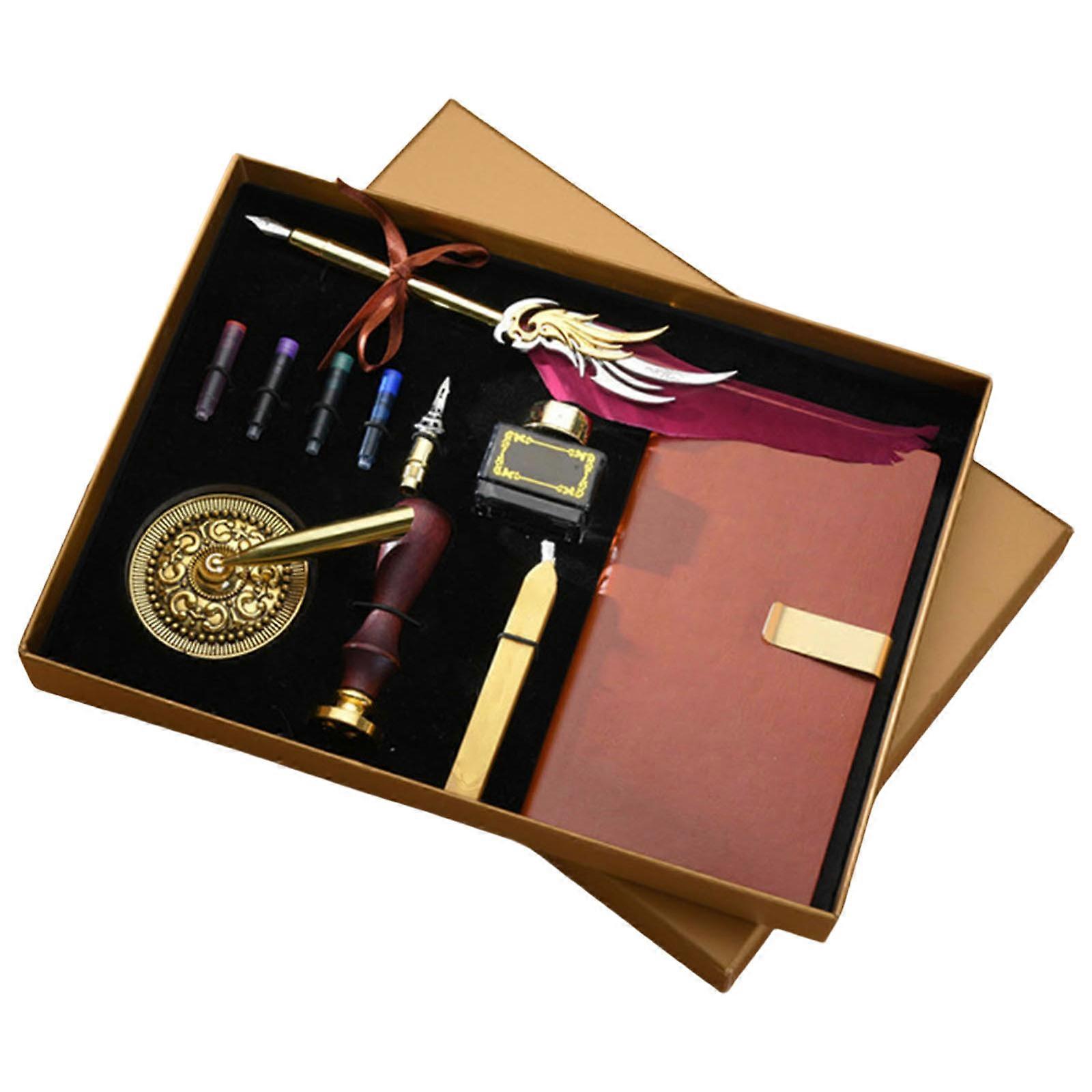 Vintage Dip Pen and Inks Set with Inks Sacs, Leather Journal Notebook, Seal Stamp for Art Handwriting Scrapbooking wine red