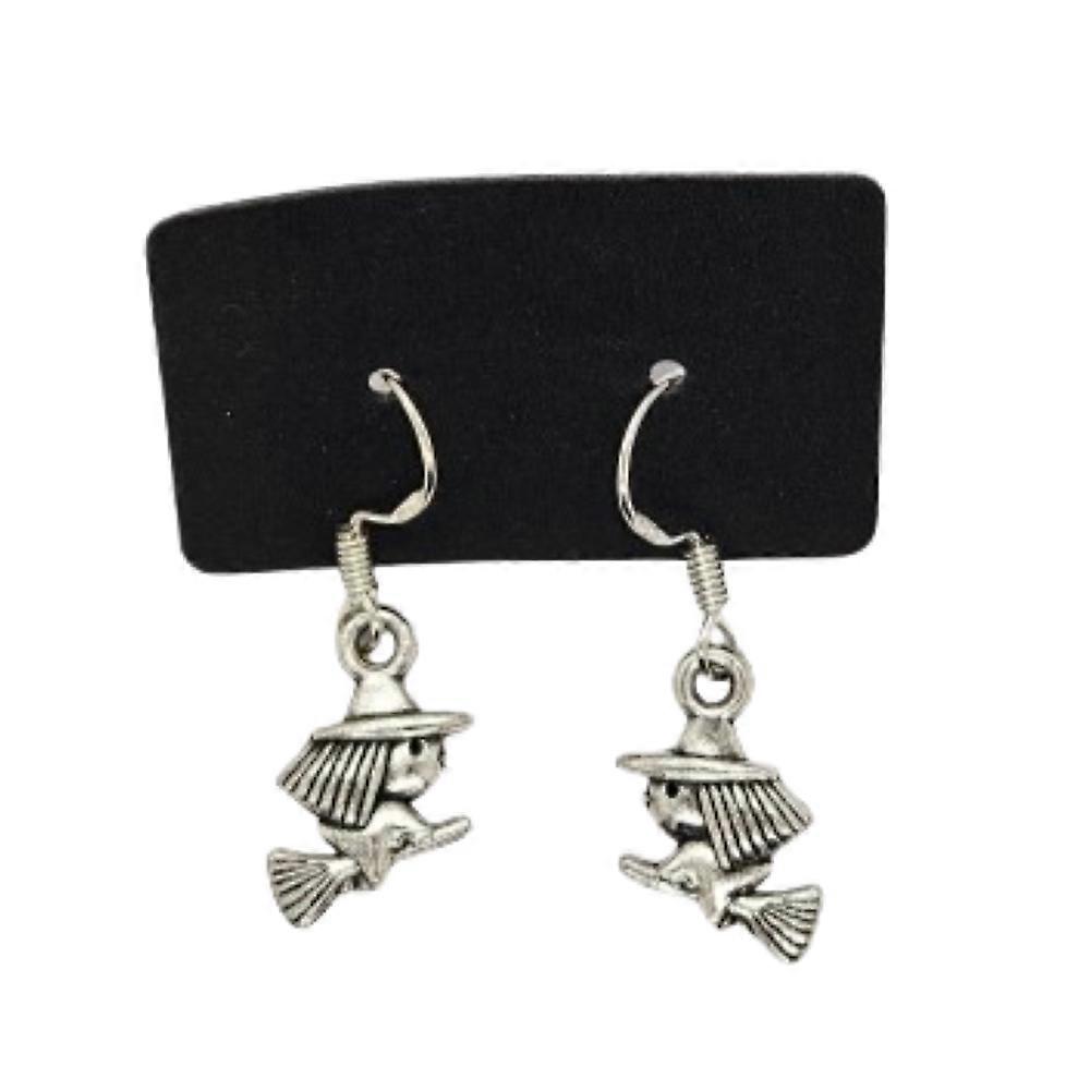 Delicate Witch on Broomstick Silver Drop Earrings