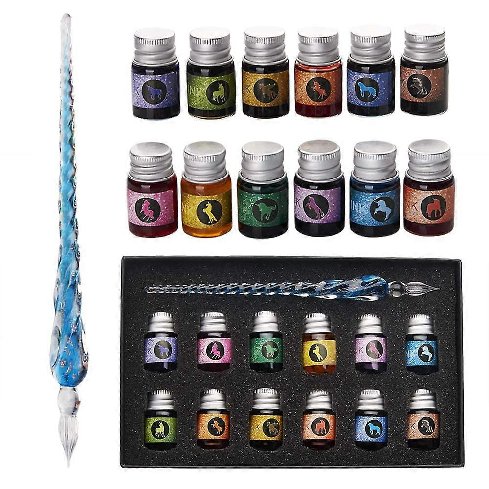 Glass Dipped Pen Ink Set Handmade Crystal Calligraphy Pen with 12 Colorful India Ink