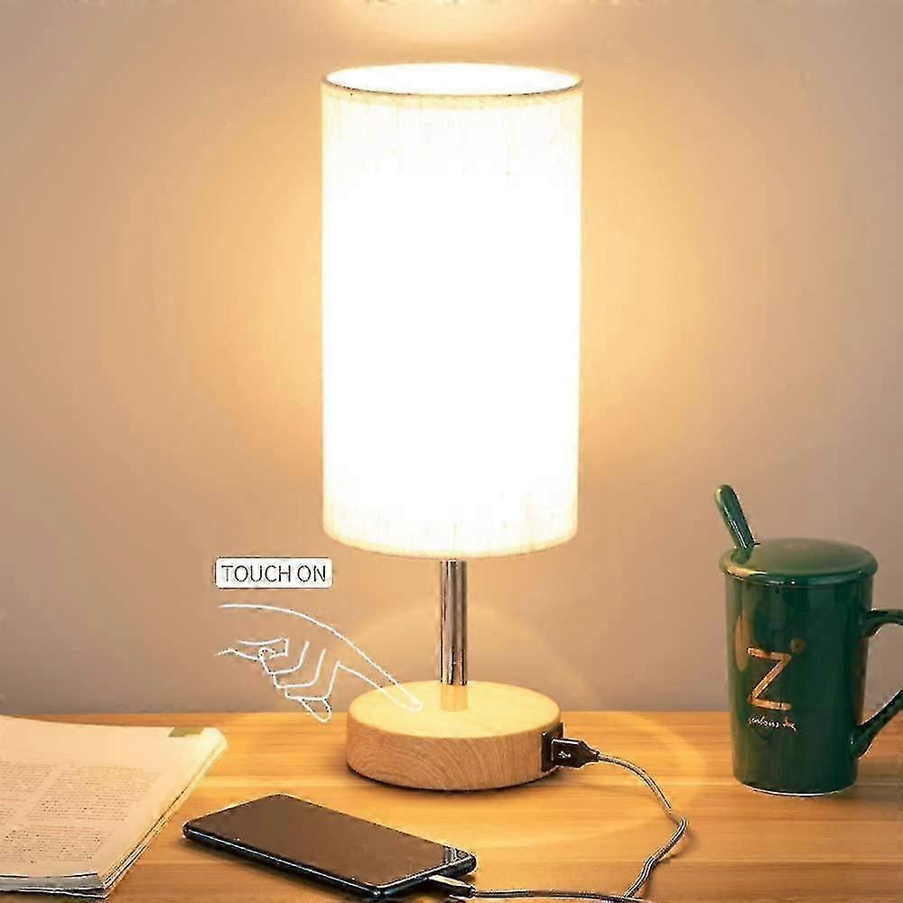 Bedside Lamp With Usb Port - Touch Control Table Lamp For Bedroom Wood 3 Way Dimmable Nightstand Lamp With Round Flaxen Fabric Shade For Living Room