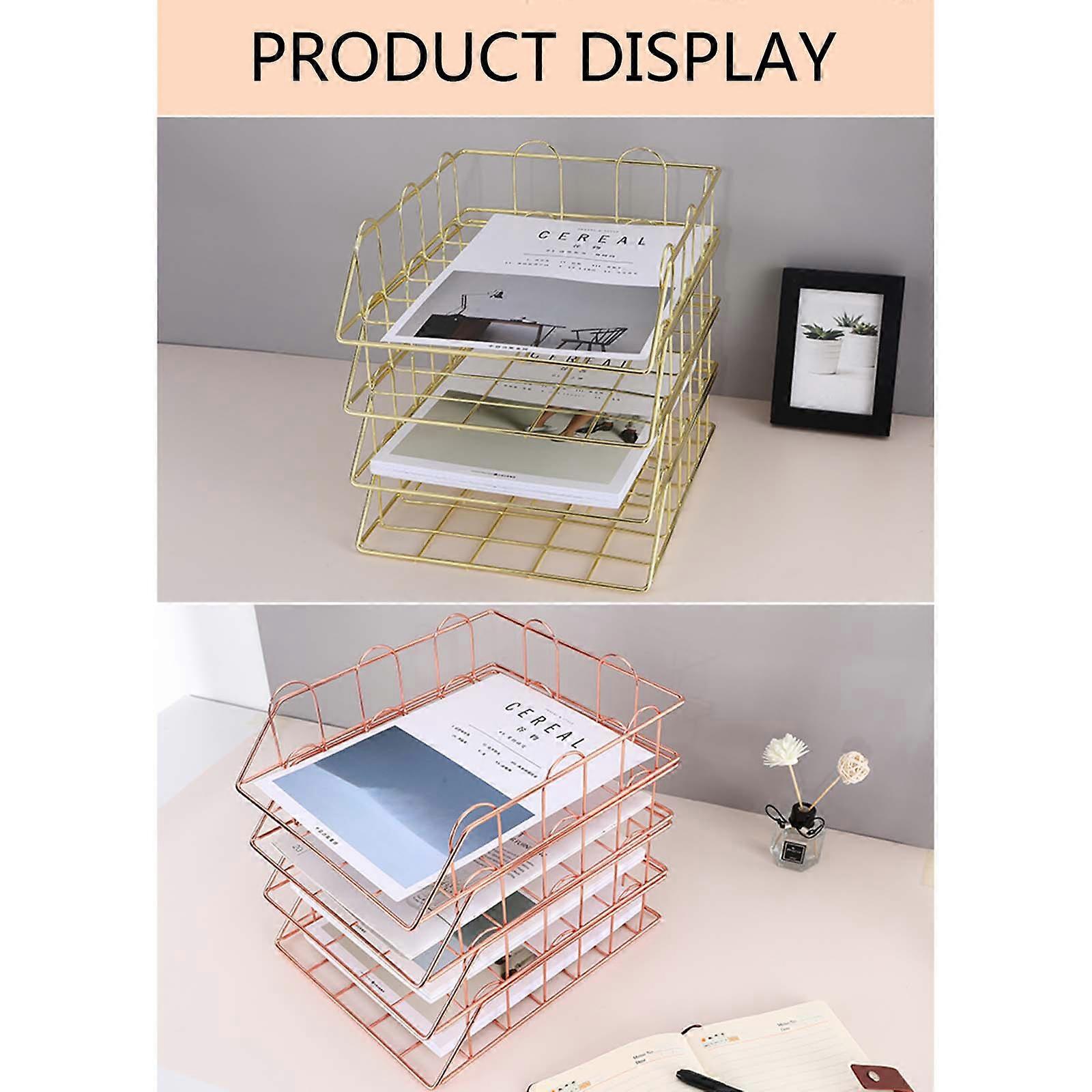 Practical Paper Letter Metal Tray Stackable File Organizer Paper Sorter Desktop Holder for Mails Letters Space Saving  Rose gold