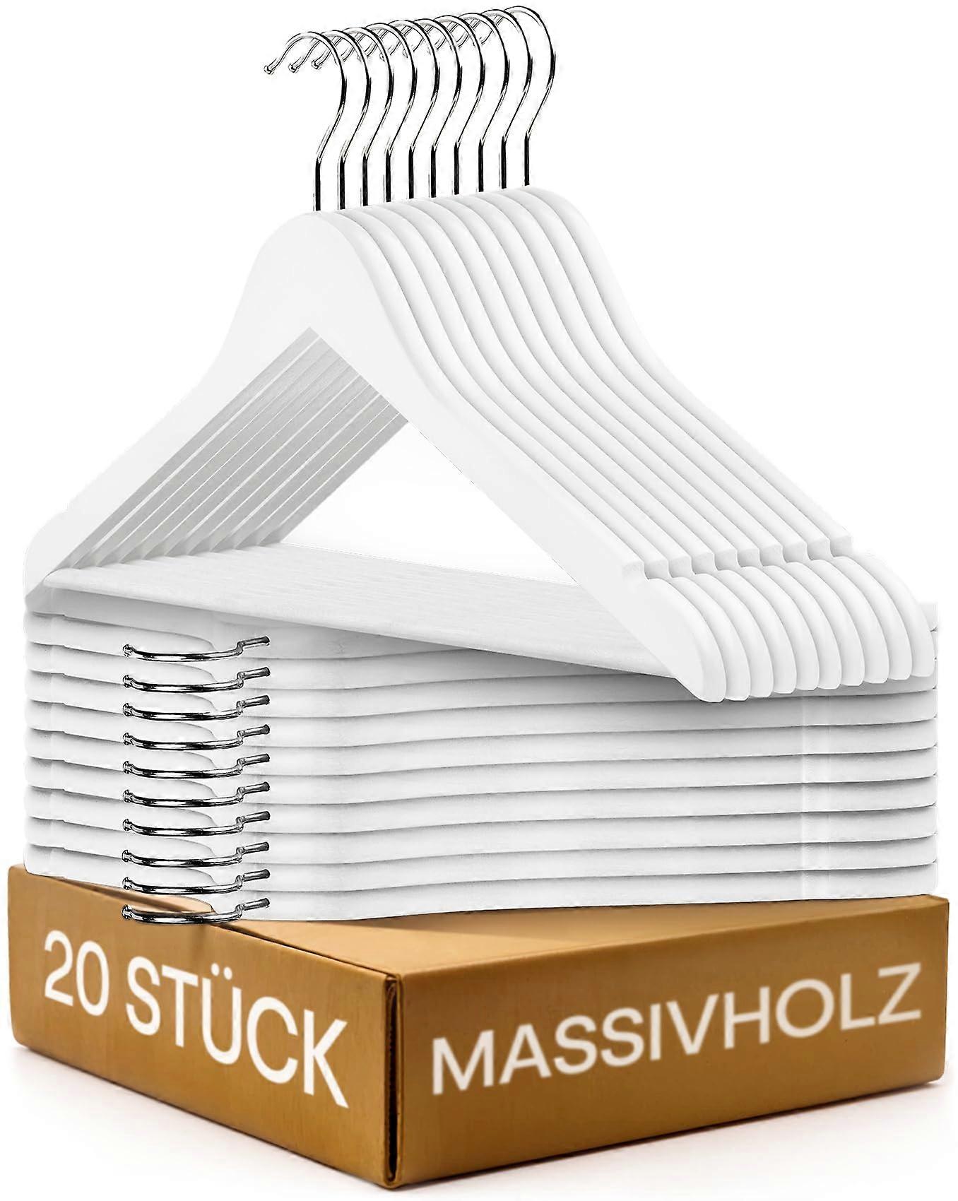 20 Clothes Hangers Wood White 360° Rotating Hook Notches in Shoulder Area Hanger with Trouser Bar FSC Solid Wood