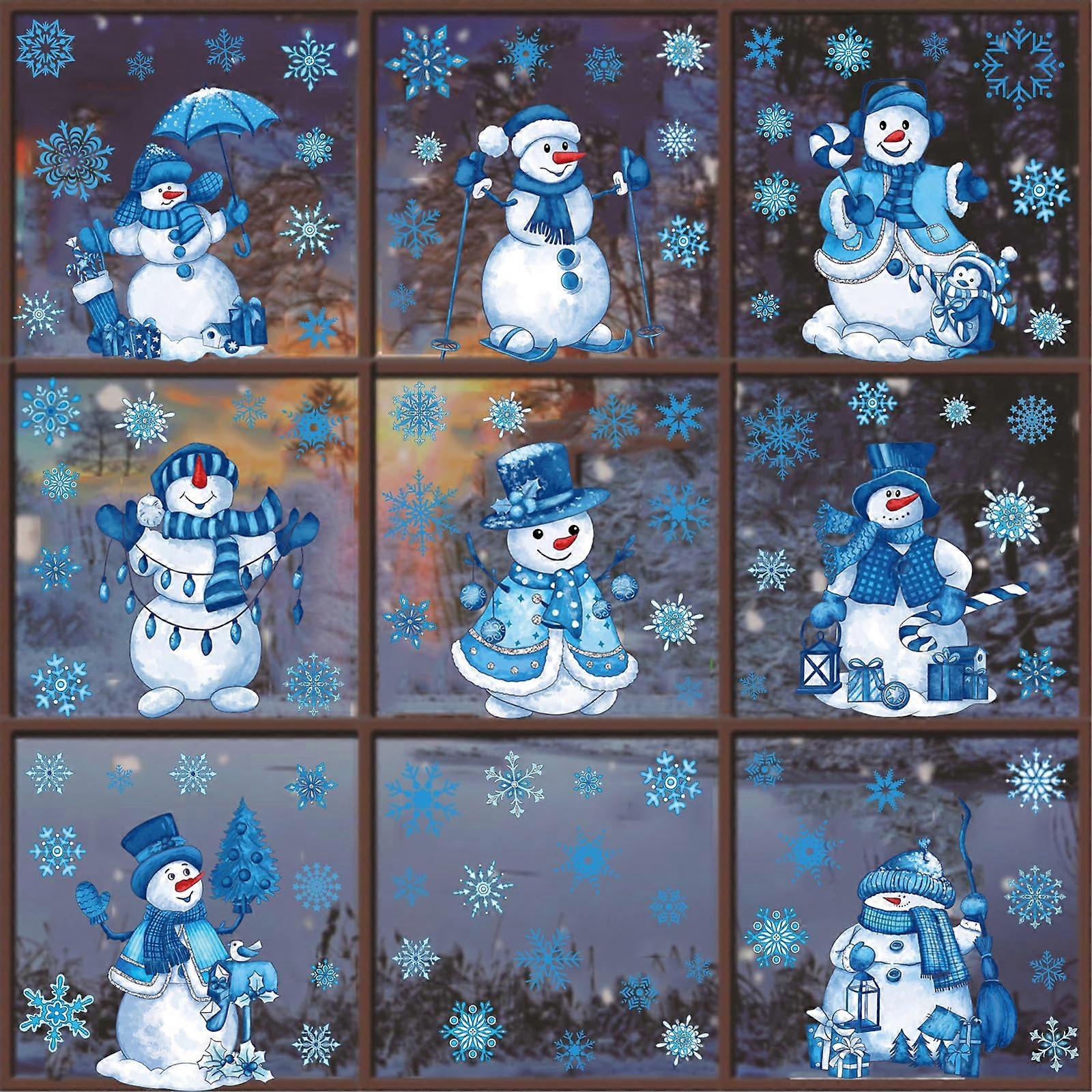 Christmas Window Stickers Blue Snowman Snowflake Design, 9 Sheets, Static Stickers, Double Printed For Glass Windows