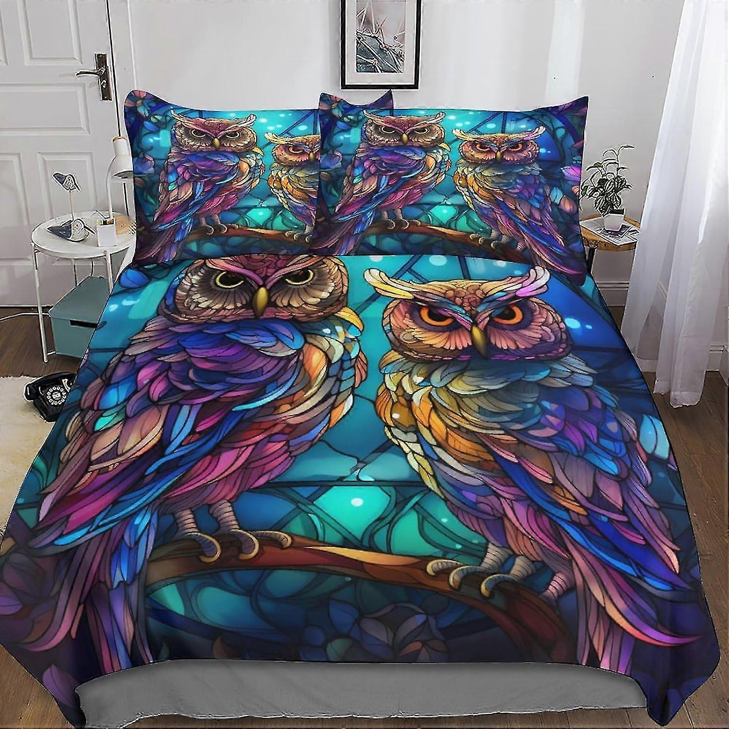 3D Printed Bedding Set with Owl Design for Kids and Teens, Duvet Cover with Pillowcase, Microfiber Quilt Cover with Zipper Closure