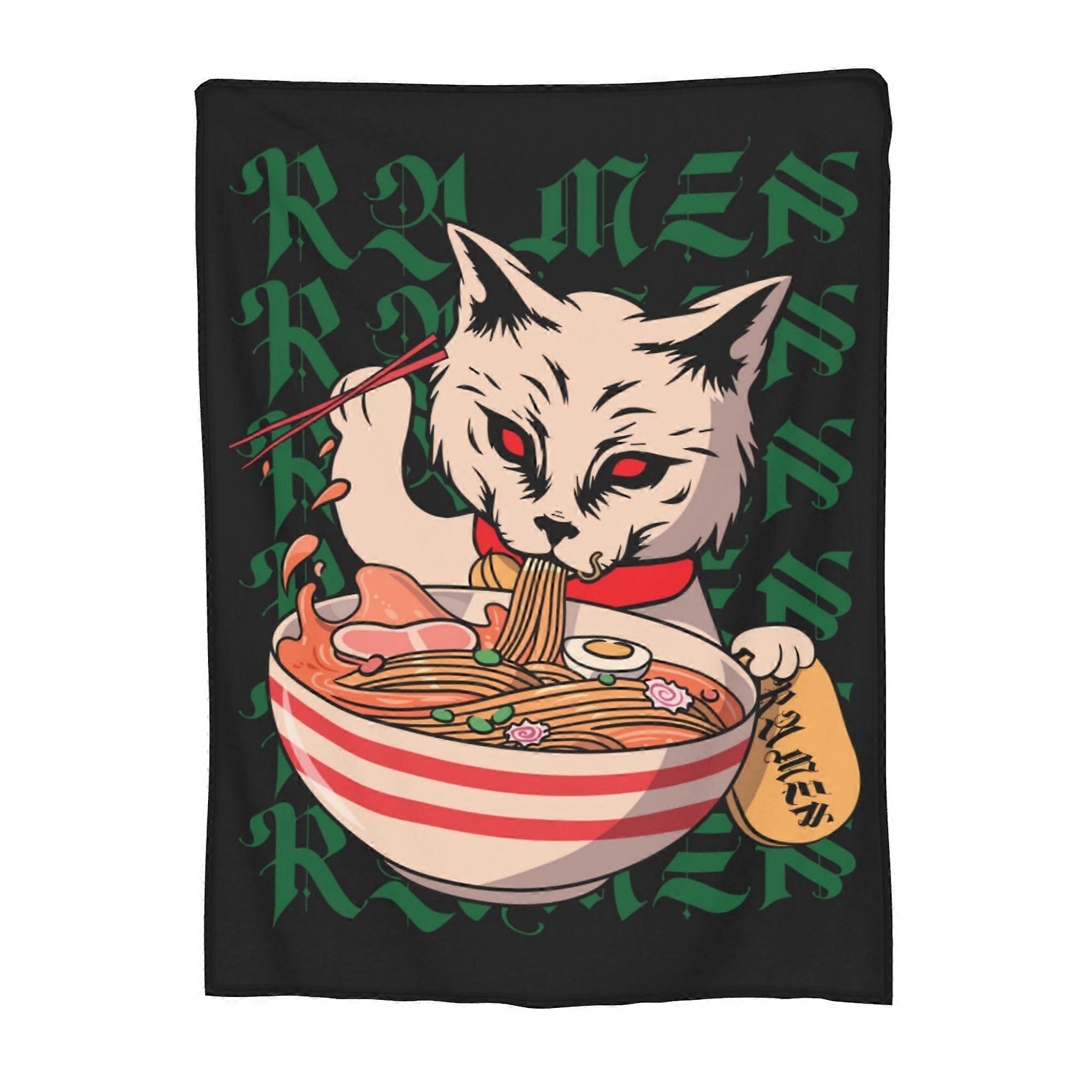 Ramen Blanket, Cat Eats Ramen Noodles with Chopsticks, Soft Fleece, Cozy for Sofa, Couch, Bedroom