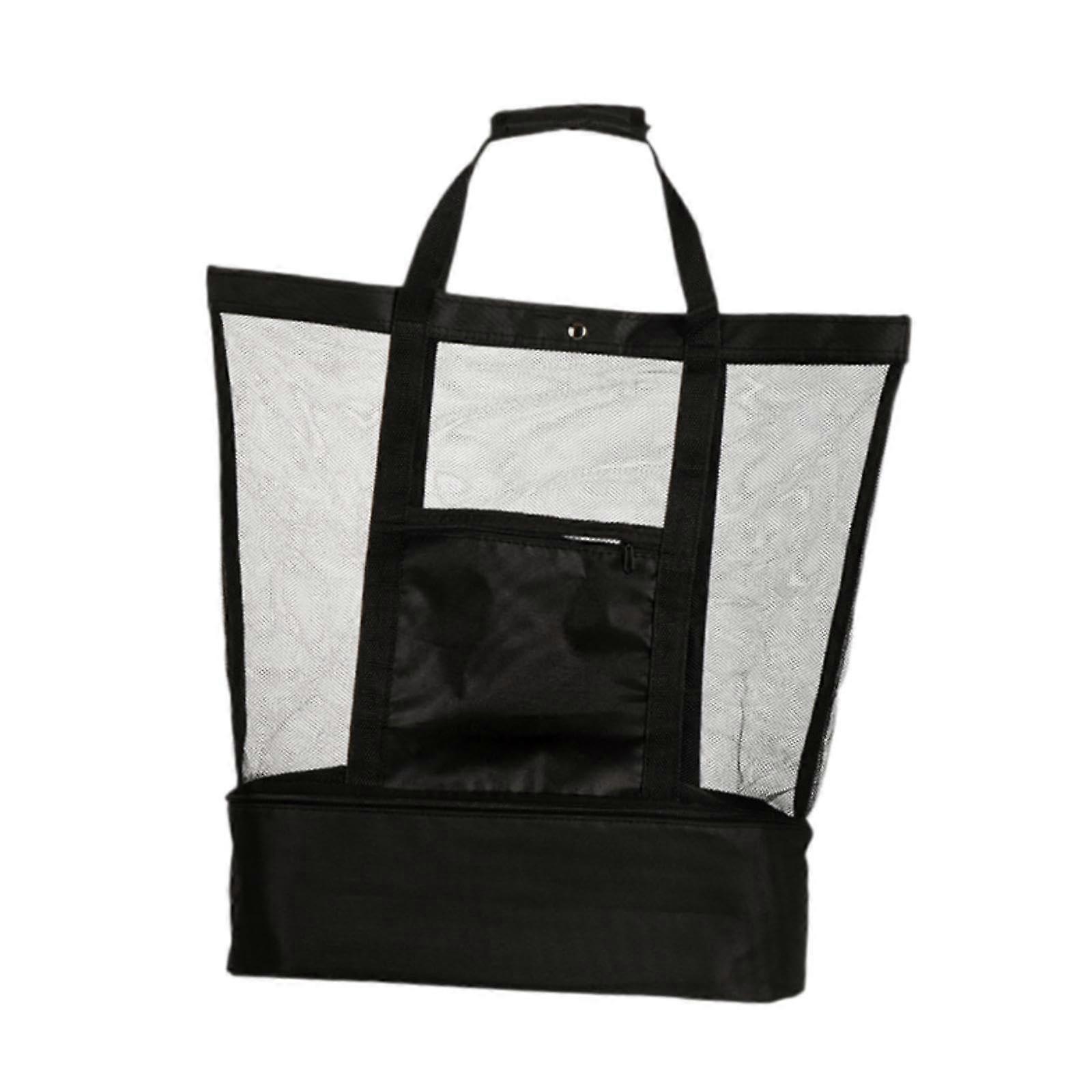 Mesh Beach Tote Bag with Thermal Lining for Picnic Snacks Camping BBQ Travel - Black Color, Durable Material, Spacious Size