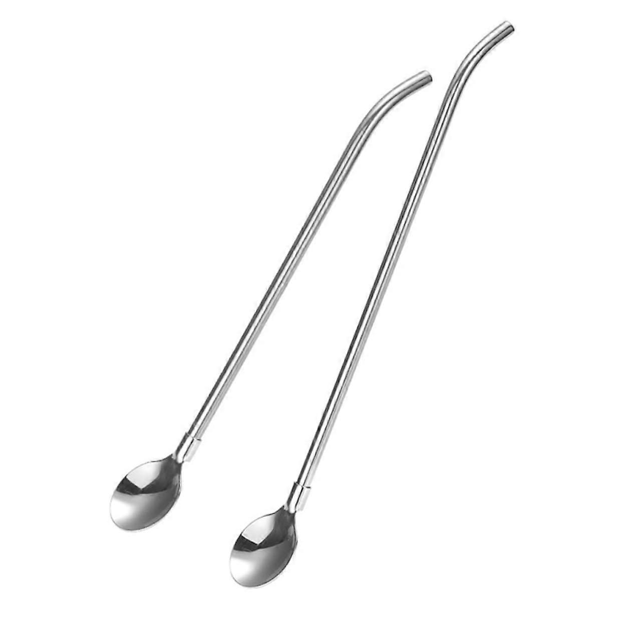 5-Piece Set Made Of Stainless Steel Drinking Spoons And Straws With 2 Straight And 2 Curved Spoons And Cleaning Brush