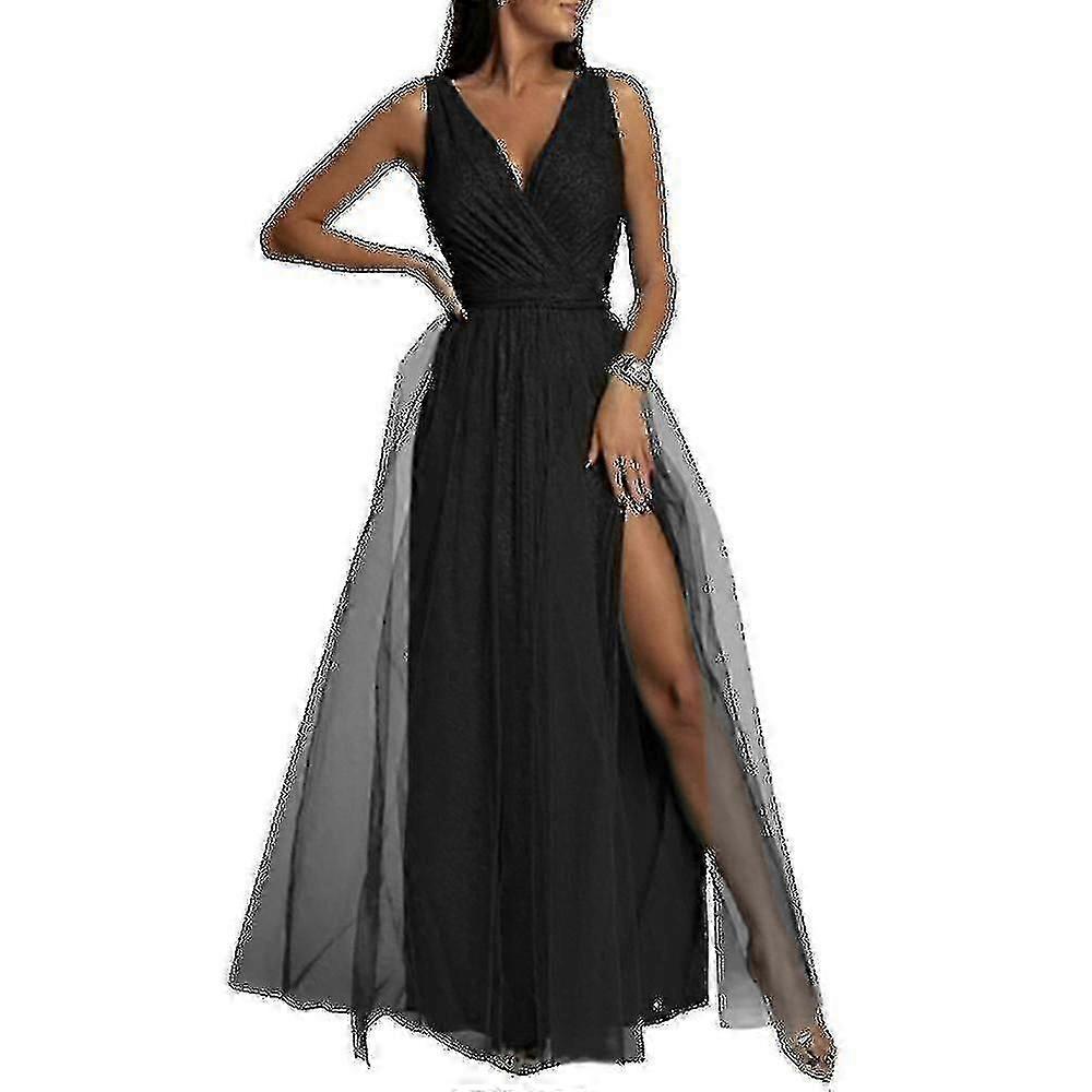 Zarif V Yaka Bölünmüş Maxi Elbise Nedime Düğün Balo Akşam Kokteyl Partisi Elbisesi