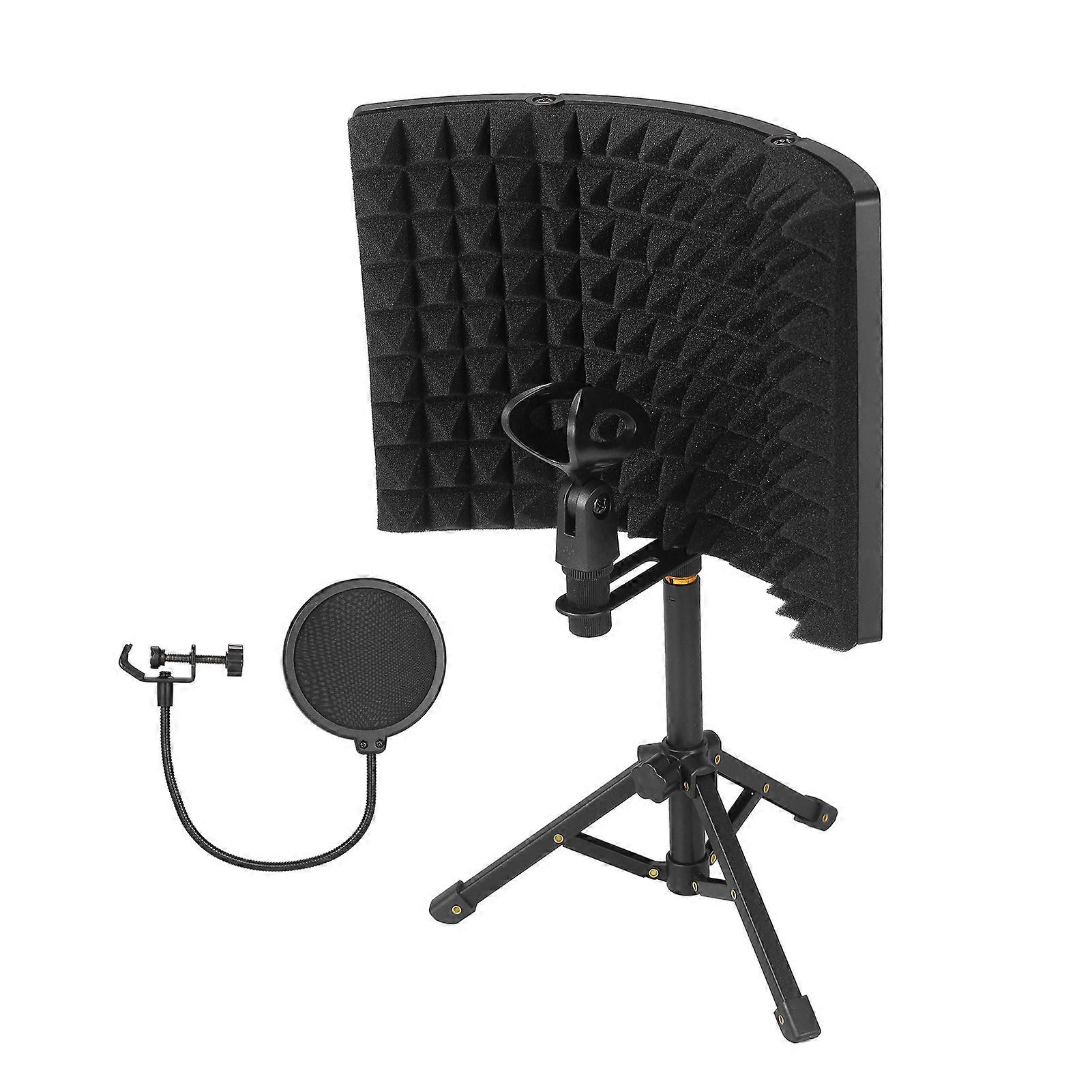 3-Panel Foldable Microphone Isolation Screen with Tripod, Black