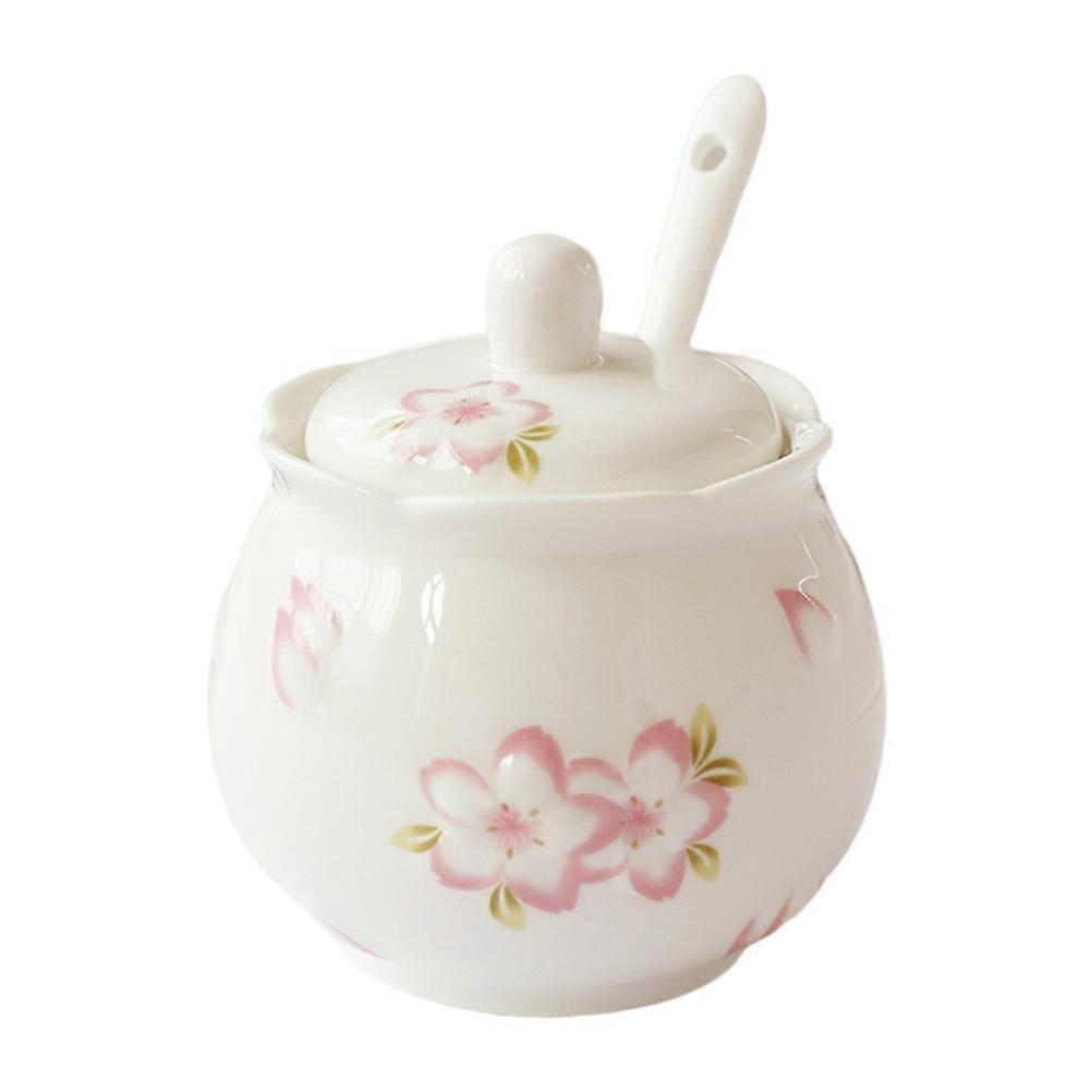 Condiment Jar For Food Storage White Ceramic With Spoon Lid 1Pcs
