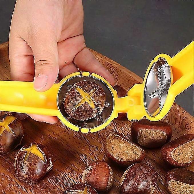 Stainless Steel Chestnut Tongs & Hazelnut Opener - Manual Nut Cracker for Chestnuts & Nuts, Yellow