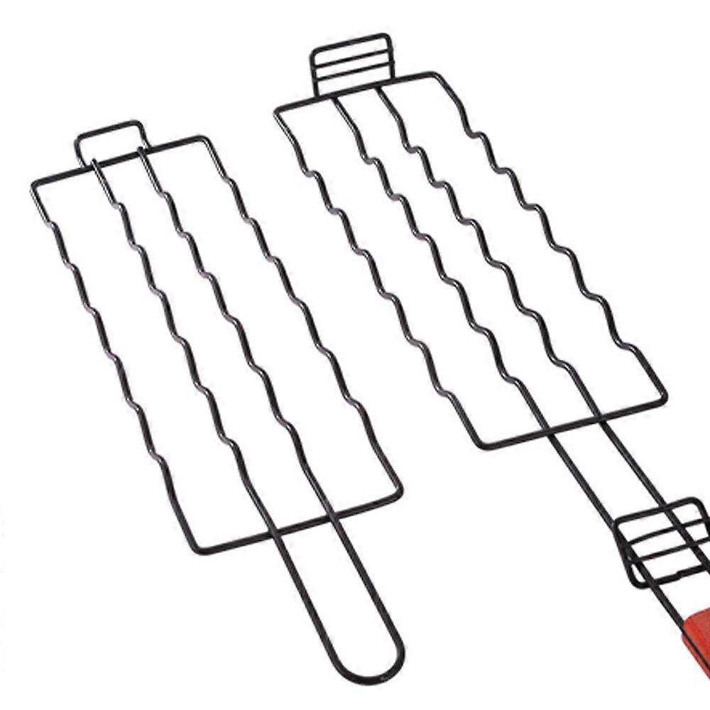 BBQ Sausage Grilling Basket Grilling Net for 6 Hot Dogs with Wood Handle Portable Barbecue Spatula for Camping, Picnic