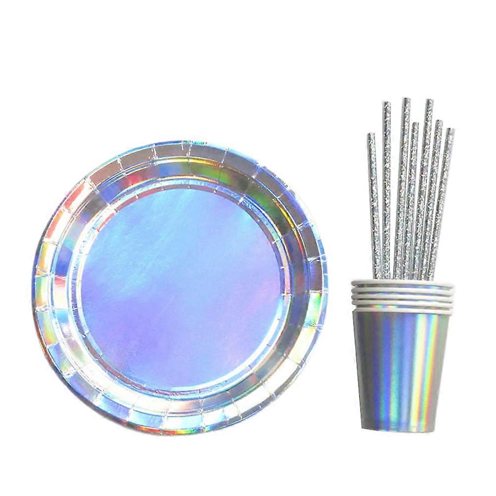 Silver Paper Flatware Kit with 6 Plates 6 Cups 20 Straws Made of Paper for Party Decoration