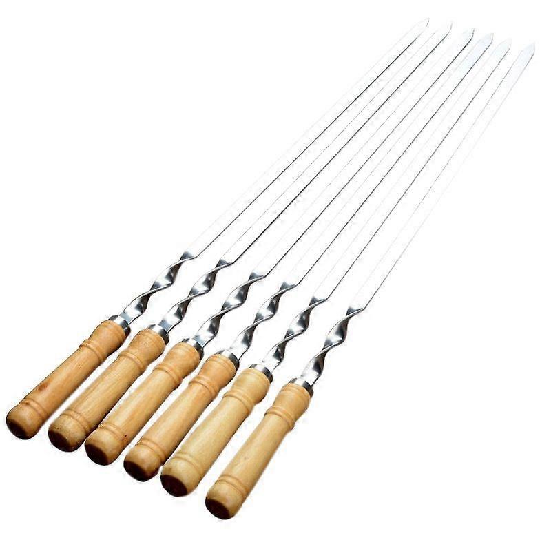 6Pcs 55cm BBQ Skewers Long Handle Shish Kebab Barbecue Grill Stick Wood BBQ Fork Stainless Steel Ou