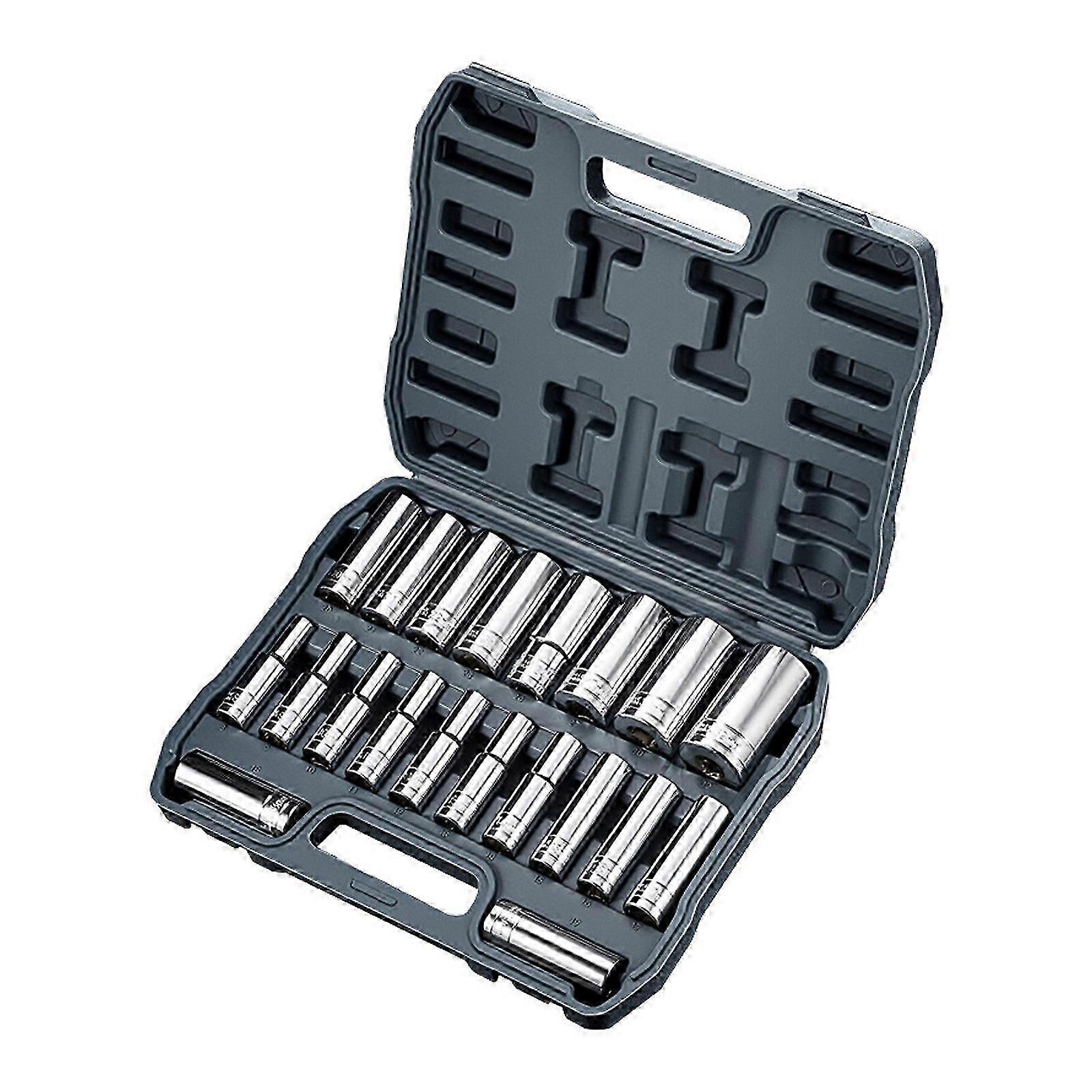 20 Piece 1/2" Drive 6 Point Impact Wrench Socket Set With Storage Case For Automotive Repair And Machinery Maintenance