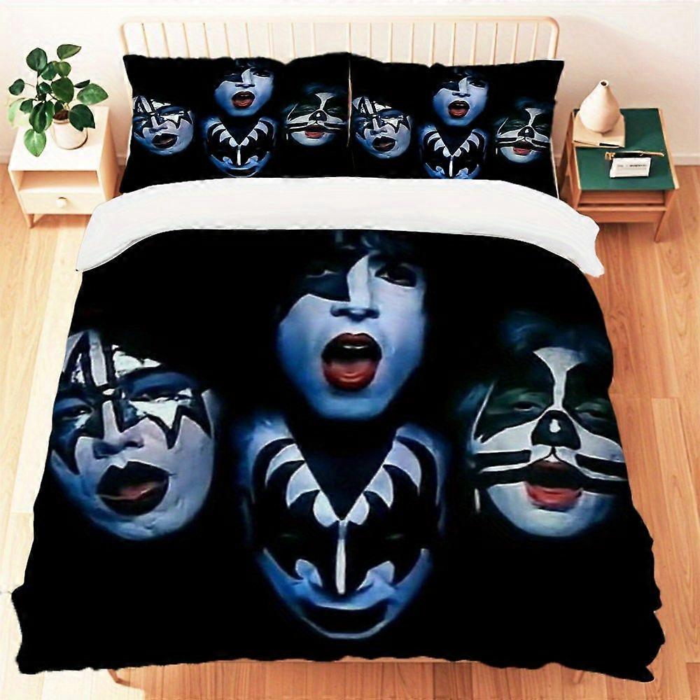 TE137 3 قطع KISS Band Concert طقم مفروشات طباعة صور - غطاء لحاف متقلب بالأبيض والأسود مع إغلاق بسحاب ، بوليستر ناعم ، آلة