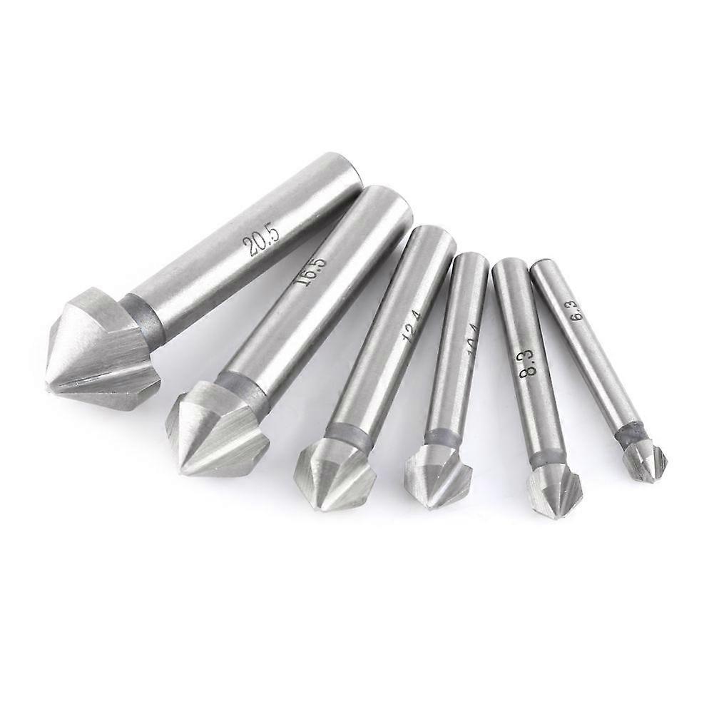6pcs High Speed Steel Round Shank 3-Flute Countersink Cutter Bits Chamfering Tool