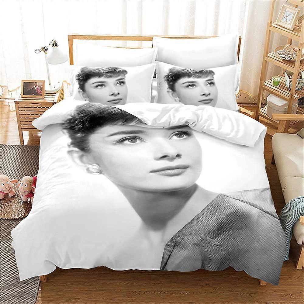AM754 Duvet Cover with 2 Pillowcases Audrey Hepburn Bedding with Zipper Microfiber Double Size Bedding Set (Style 04,140x200cm(Single))