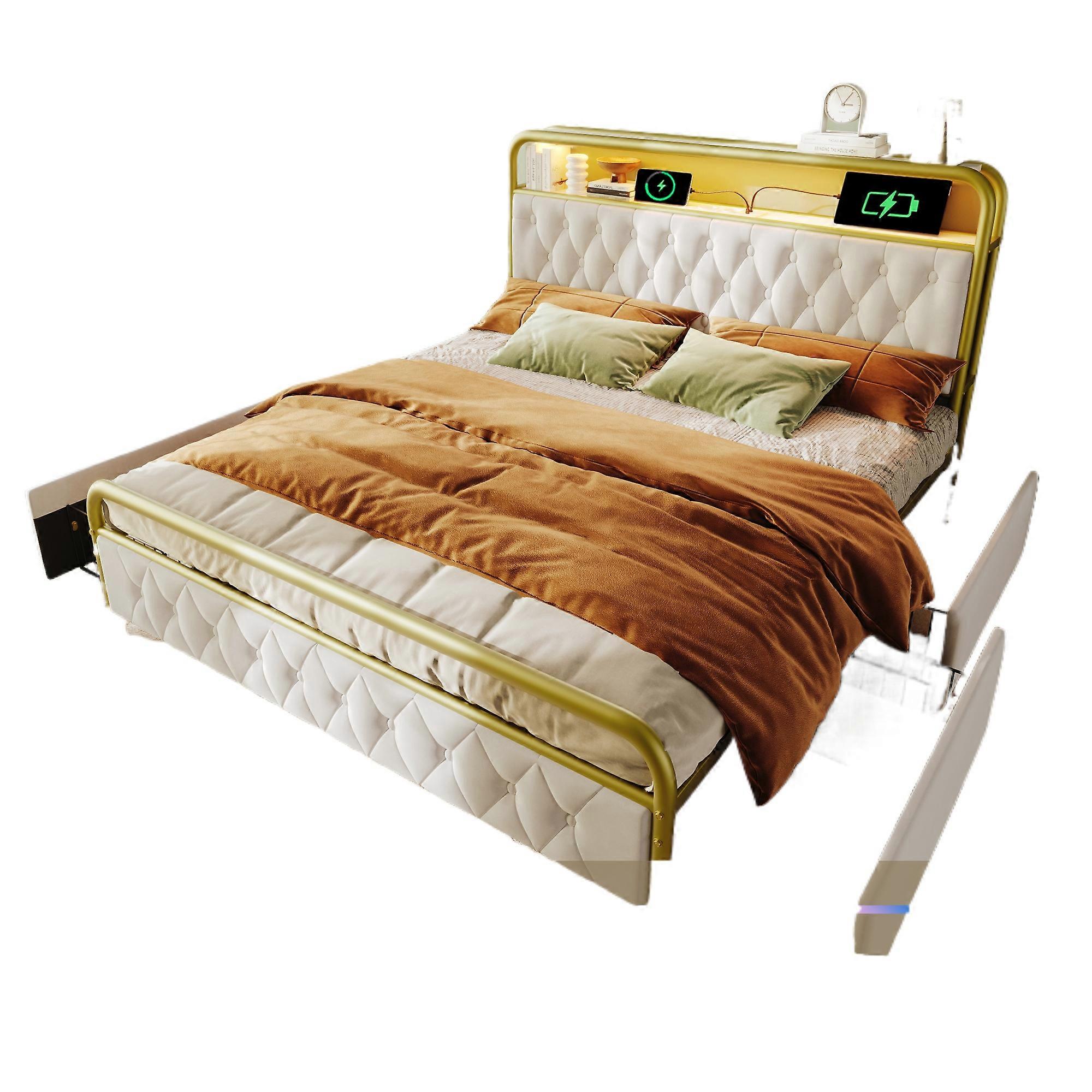 LED Bed Frame Metal Velvet 160x200cm App Control Charging Function