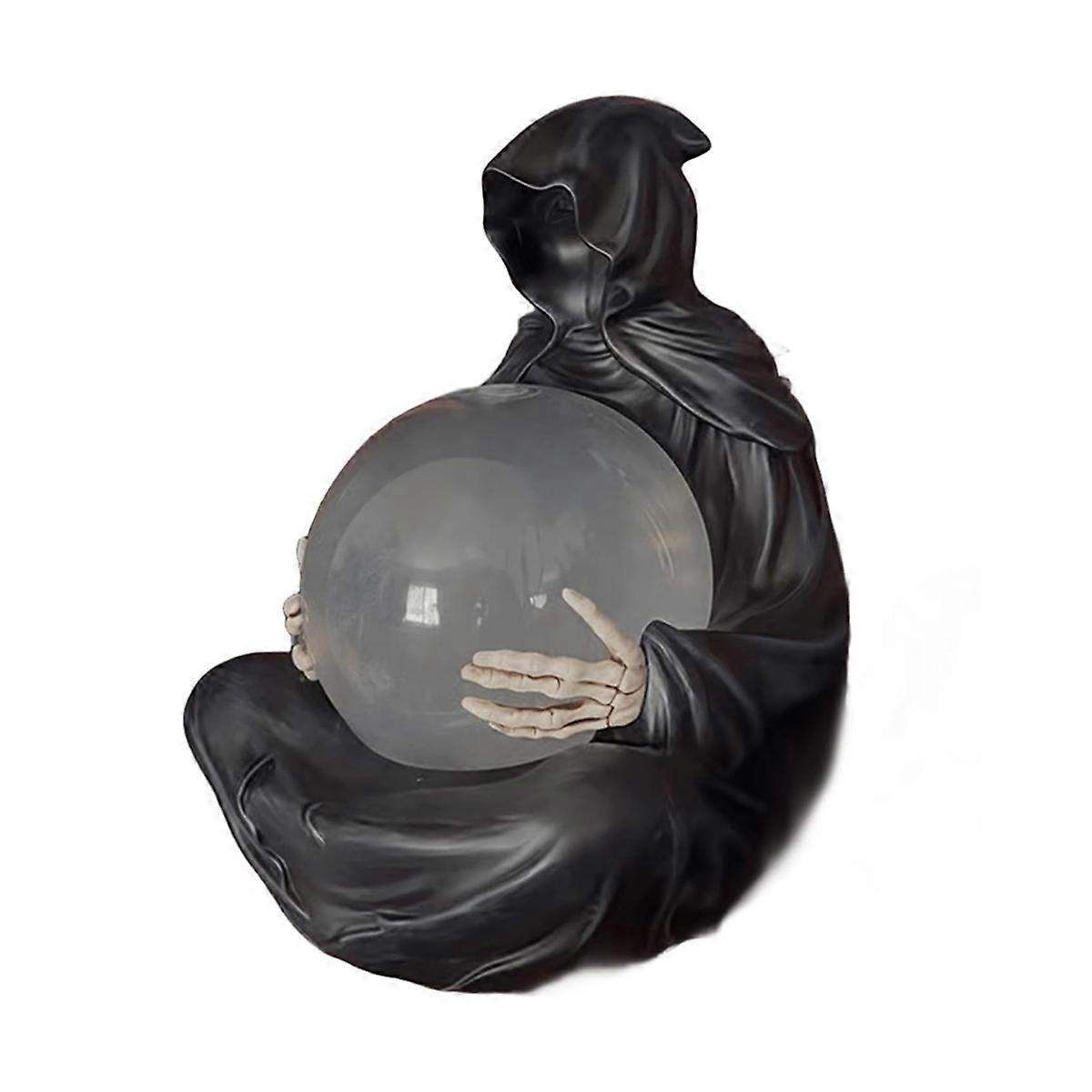 Grim Reaper Statue with Flying Bats Crystal Ball,LED Light Grim Reaper Water Globe Halloween Decor,f