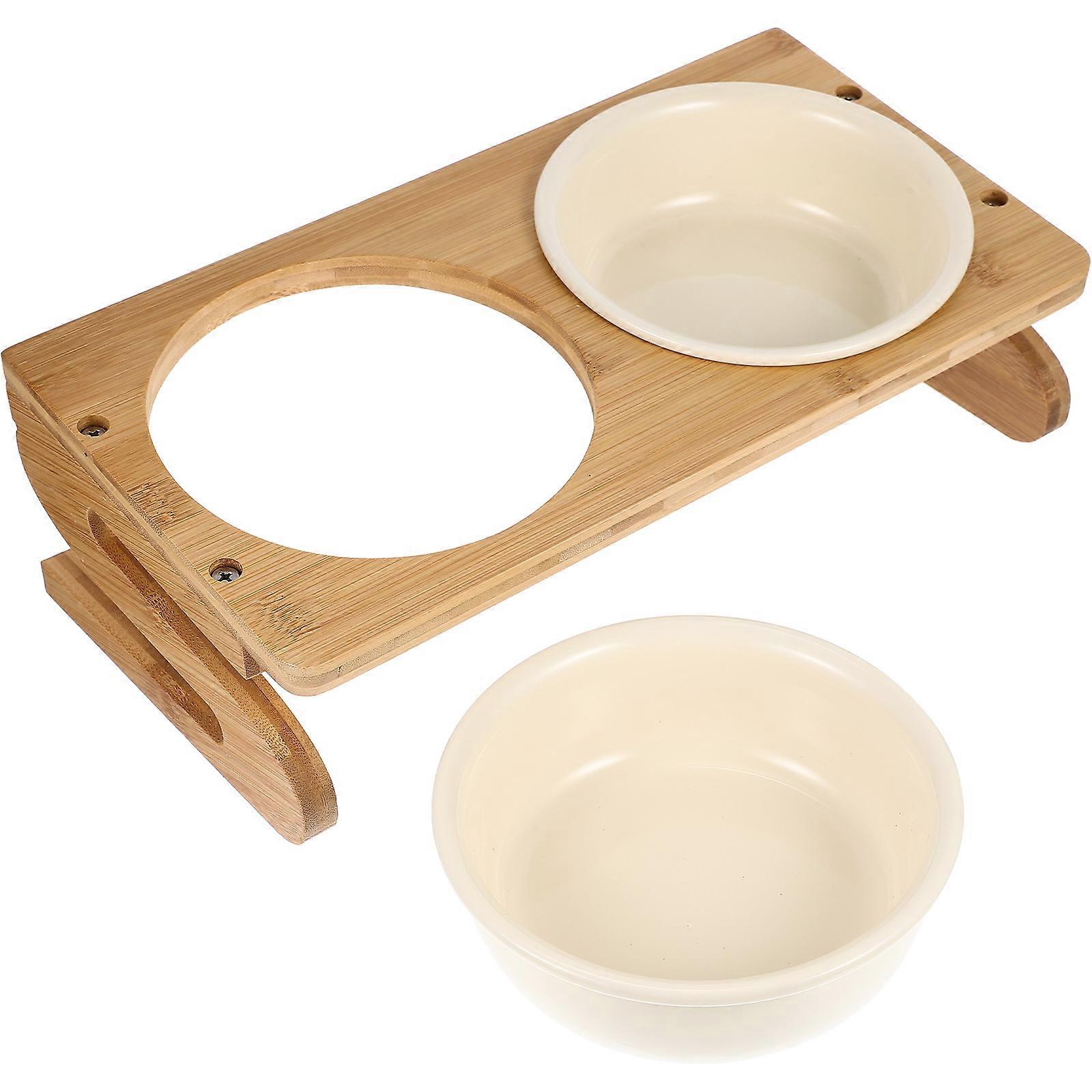 Cat Bowl Elevated Kitten Bowl with Wood Stand Ceramic 1Set for Feeding