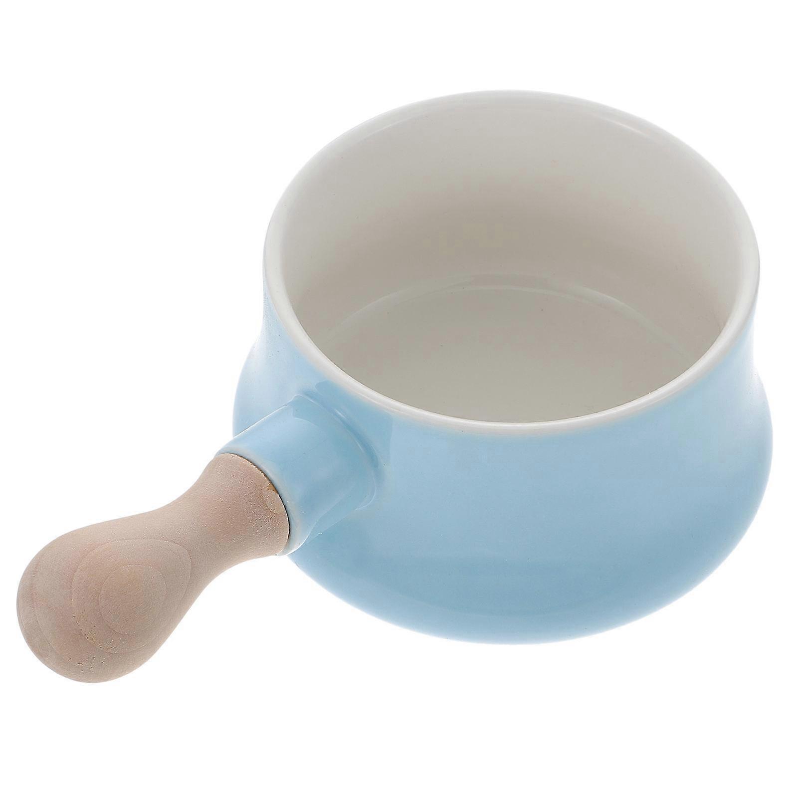 Ceramic Bowl Porcelain Soup Bowl with Wood Handle for Breakfast 2Pcs