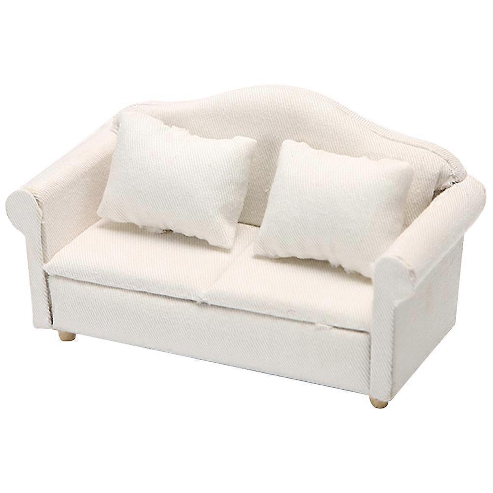 Mini Sofa Figurine Doll House Couch Model with Pillows for 2Pcs White