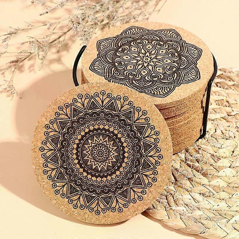 12Pcs Mandala Design Round Shape Wooden Coasters With Rack Round Cork Coaster