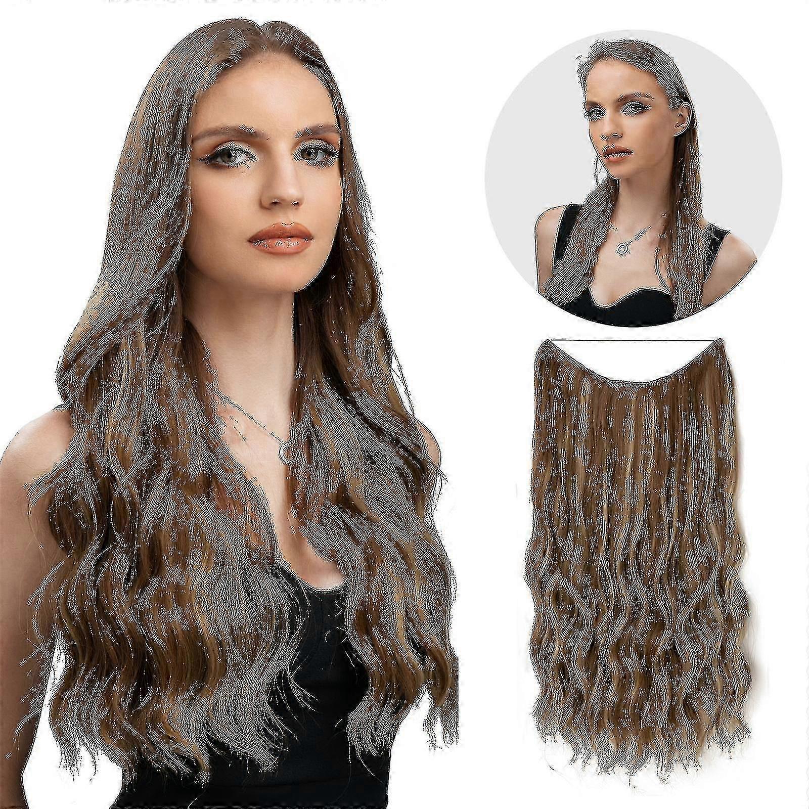 Extensions de cheveux synthétiques longs ondulés et bouclés avec fil invisible pour femmes - Bandeau réglable