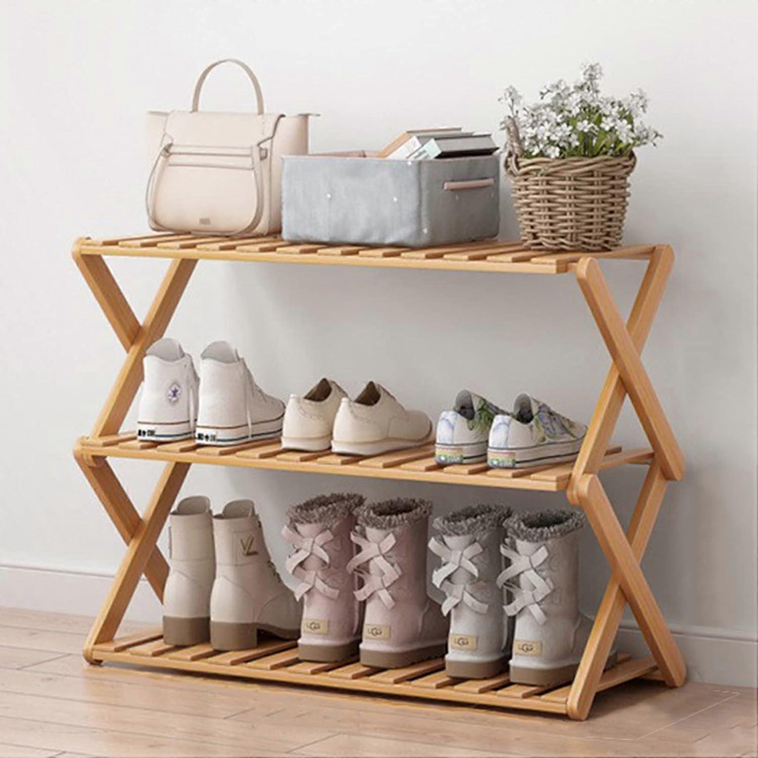 3 Tier Bamboo Shoe Rack, Portable Folding, No Installation Needed, Compact 3Tier Organizer for Corridors and Bedrooms