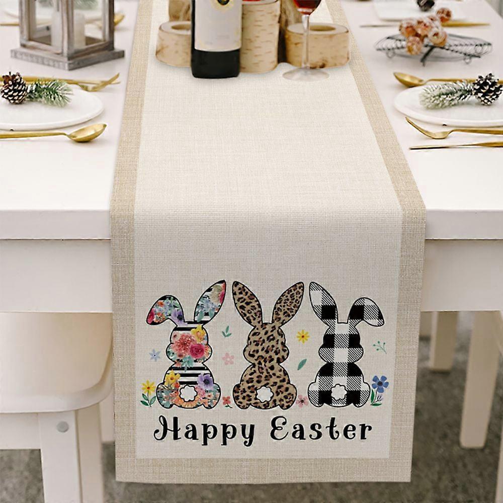Cotton Linen Table Runner 13x70in, Easter Egg Bunny Pattern, Spring Holiday Decor for Wedding Parties Dinner, Compatible with Easter Table Setting
