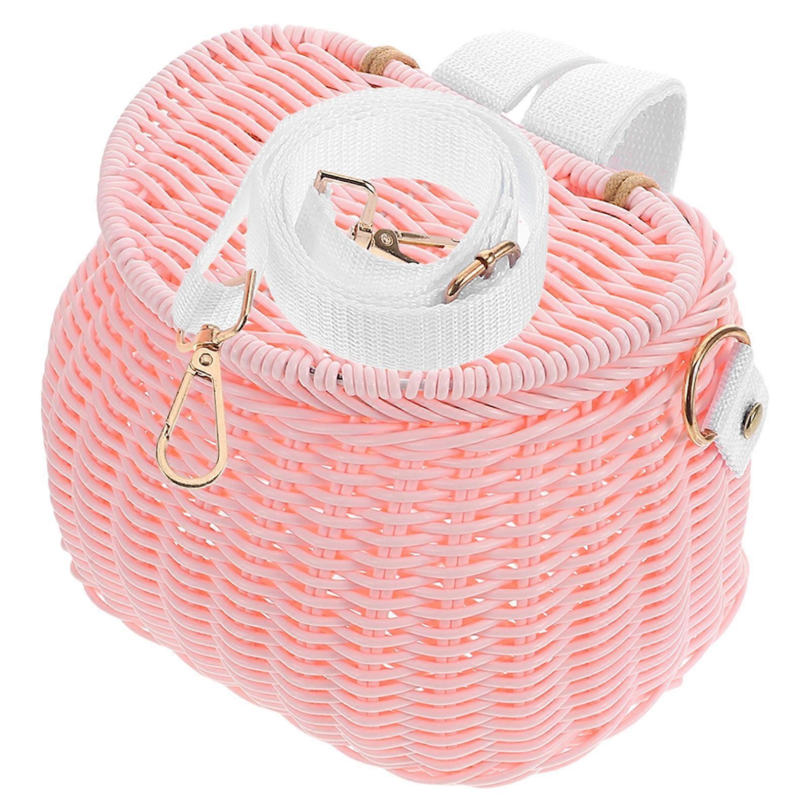 Pink Rattan Kids Bike Basket with Lid for Front Handlebar Storage Suitable for Kids Bikes and Scooters 7.87x5.12x4.72 Inches
