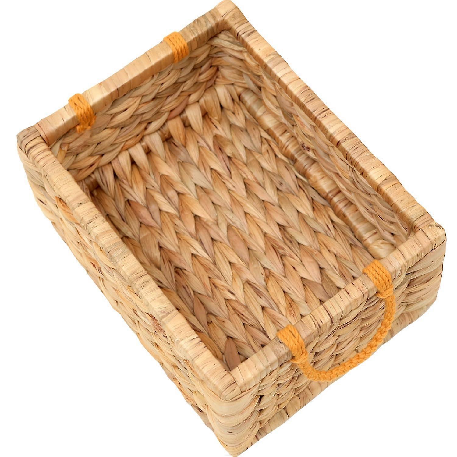 Water Hyacinth Wicker Storage Basket with Macrame Handle, Small Rectangular 12x9x5in for Home Organization
