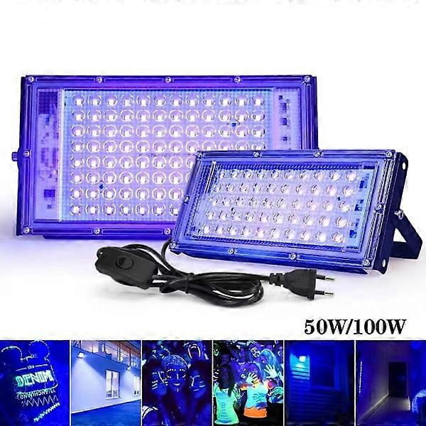 LED Blacklight Floodlight, 100W UV Lamp with Plug, 96 LEDs, Switch, IP65 Waterproof, Energy Class A