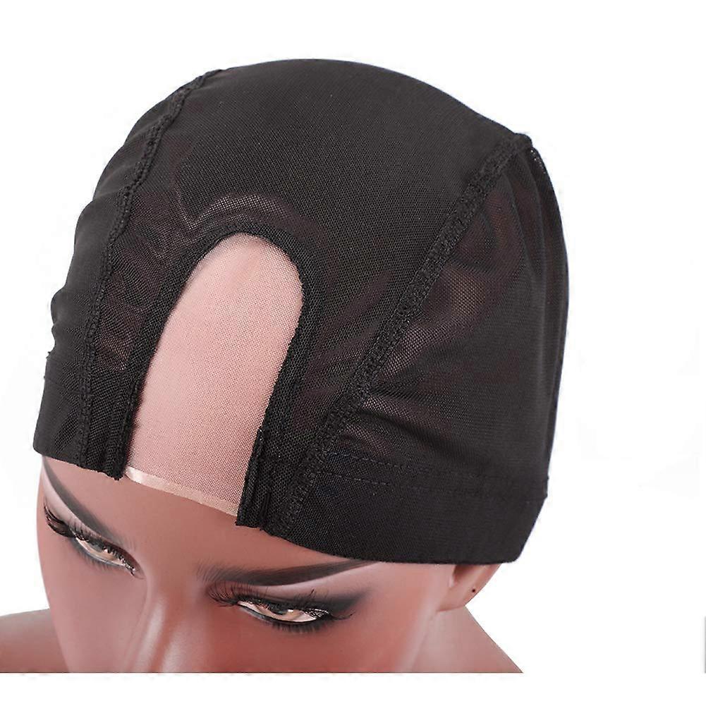 U Part Wig Cap with Combs, Stretchable Mesh Dome Cap for DIY Wig Making, Black, 2PCS Large